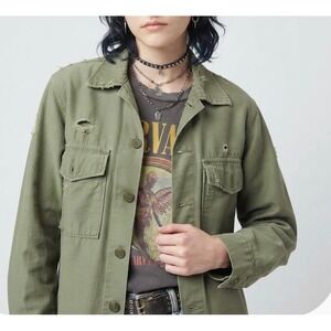 Vintage Military Style Button Up Jacket Olive Green Thrashed Grunge 14.5x33